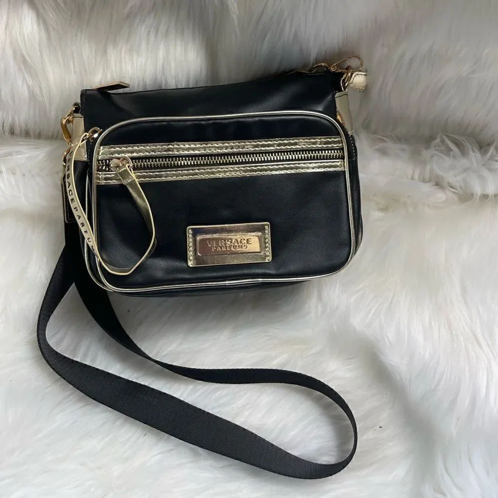 Versace Parfums black small crossbody bag with gold trims accent